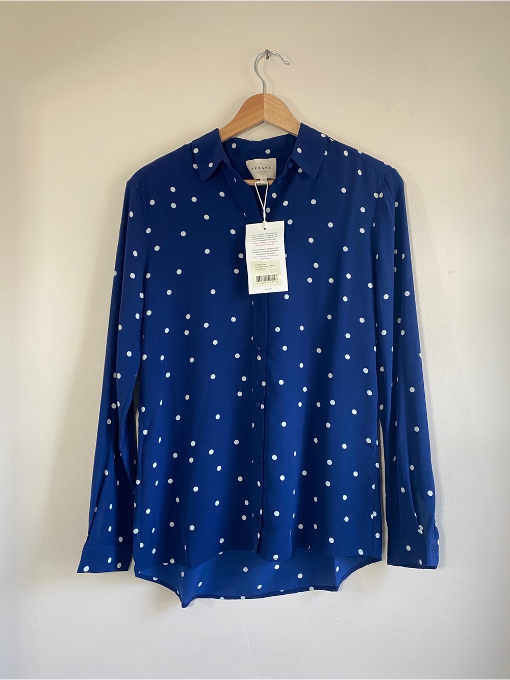 Sézane Ann Navy Polka Dot Button-Up 100% Silk French Casual Blouse - Picture 2 of 10